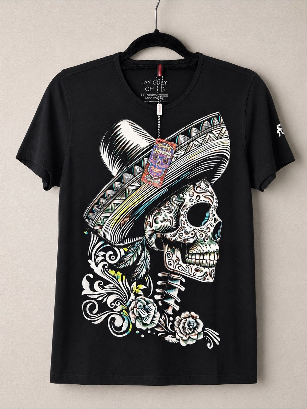 Ay Güey Men’s Small Sugar Skull Sombrero Graphic T-Shirt Black NWT Mexico